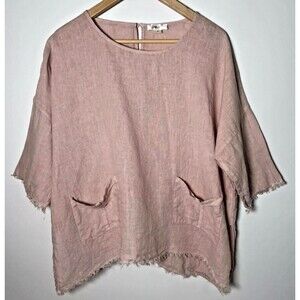 Humidity Top Womens Small Pink French Linen Raw Edge Short Sleeve Pockets Blouse